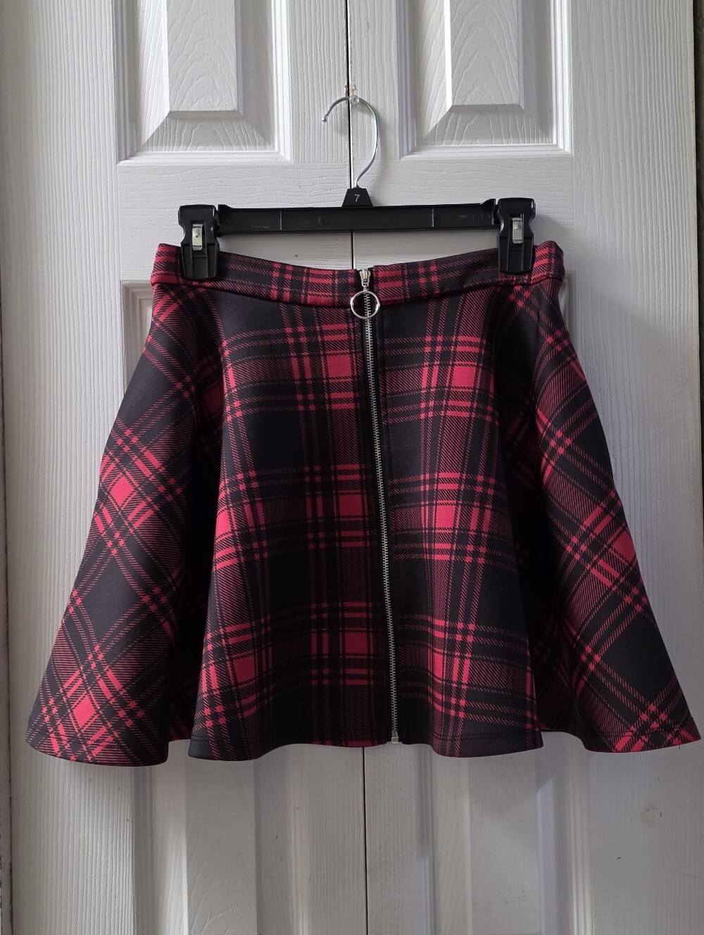 Hot Topic Black and Pink Plaid Circle Skirt with Front Zip